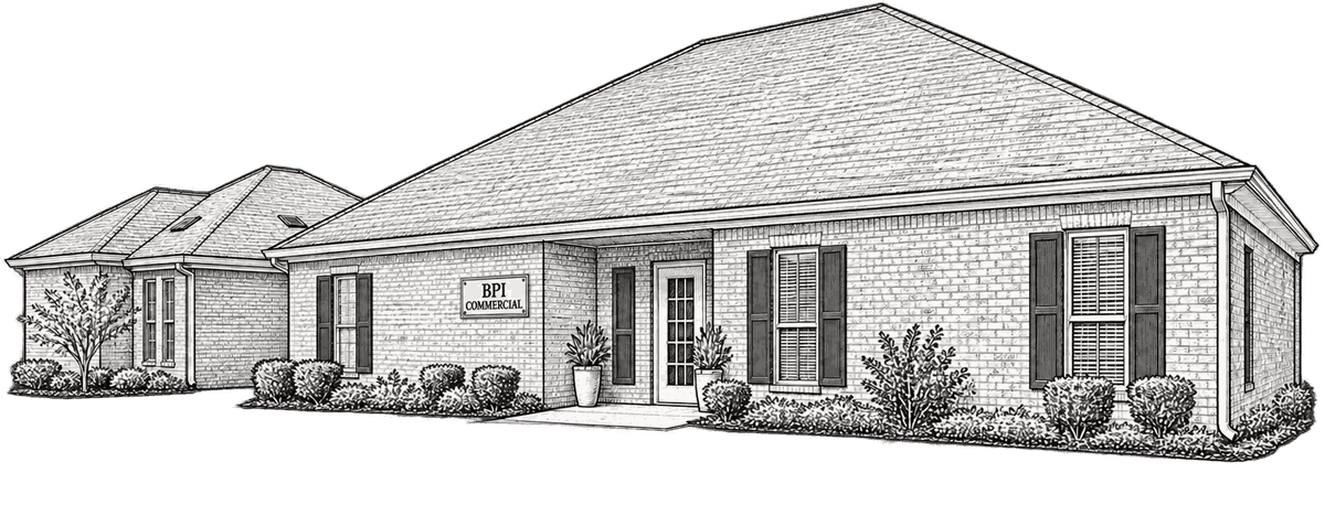 Pen-and-ink sketch of the BPI Commercial office: a single-story brick building with dark shutters, a covered entry flanked by potted plants, and a BPI Commercial sign beside the door.